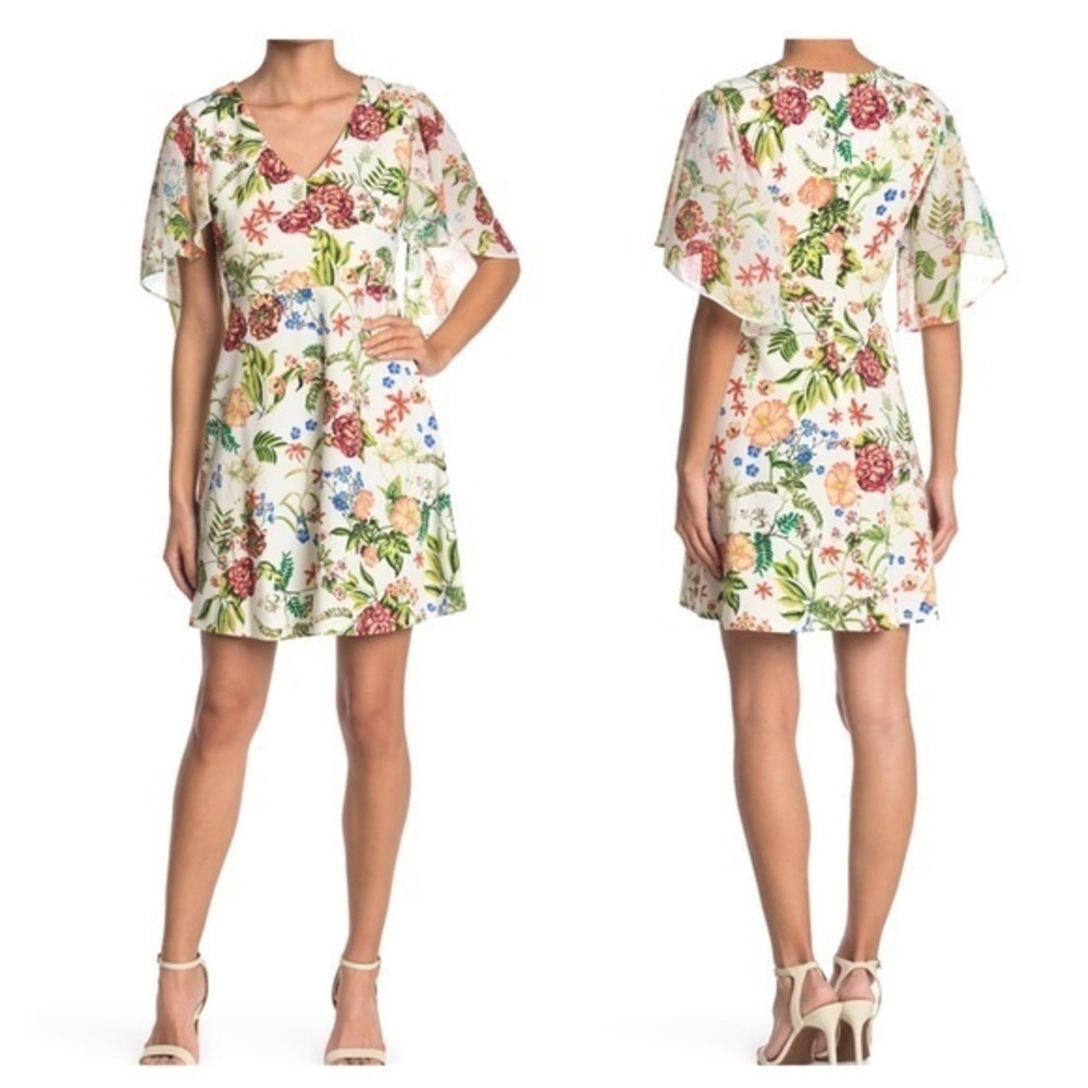 Tash + Sophie Flounce Sleeve Floral Mini Dress NWT Luau Hawaii Beach Tropical - Picture 1 of 13